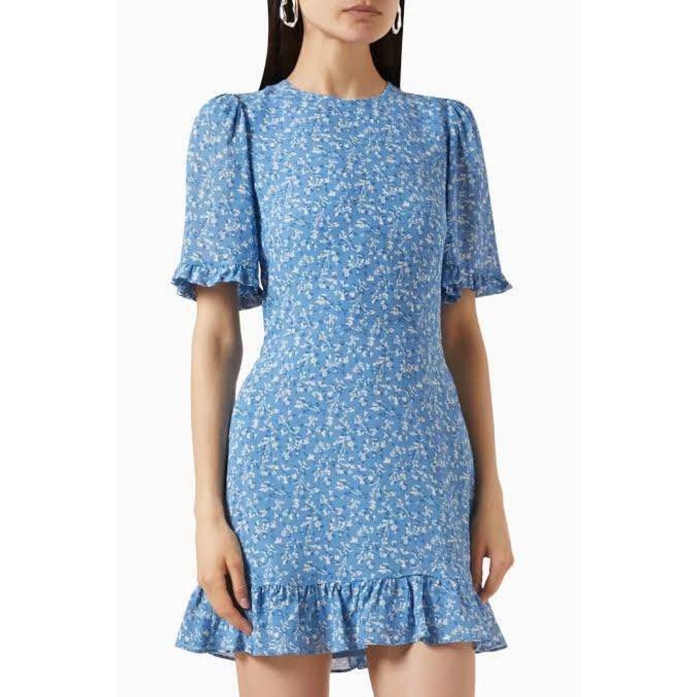 Reformation Alaina Blue Floral Ruffle Mini Dress Cutout Back Size 2